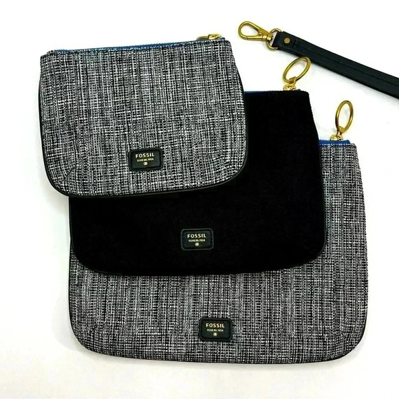 NEW FOSSIL 3 PC IVY TRIPLE BLACK+GRAY CANVAS ZIP‎ CLUTCH,WRISTLET,BAG,PURSE BLUE - Picture 1 of 8